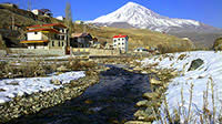 View of Mount Damavand and Haraz River from Manzariye village, Polur